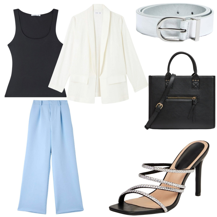 Outfit donna - Total look #1940662. Stile Basic per Ufficio. Abbinamento con shopping bag, pantaloni, cinture, blazer, sandali col tacco, canottiere.