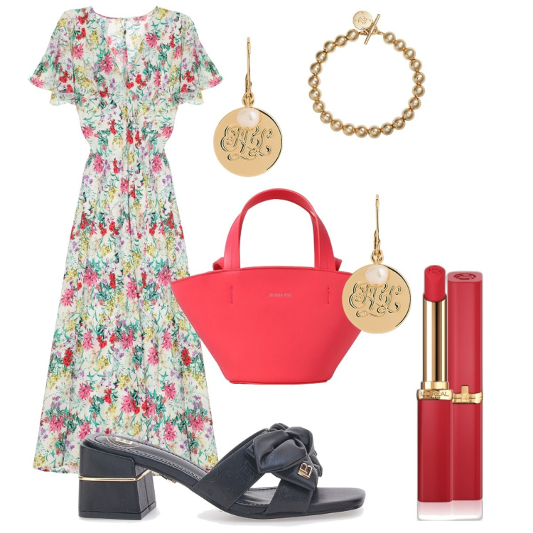 Outfit donna - Boho -chic per l\'estate. Stile Boho per Serata fuori. Abbinamento con rossetti, vestiti lunghi, braccialetti, orecchini, borse a spalla, ciabatte.