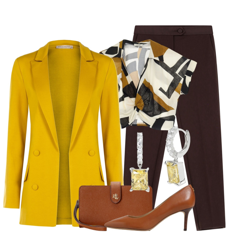 Outfit donna - Cerimonia inaspettata. Stile Chic per Cerimonia. Abbinamento con pantaloni, canottiere, orecchini, blazer, pochette, décolleté.