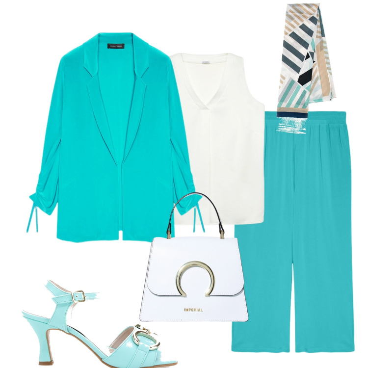 Outfit donna - Turchese e bianco. Stile Glamour per Serata fuori. Abbinamento con borse a spalla, top, blazer, pantaloni, sandali col tacco, sciarpe.
