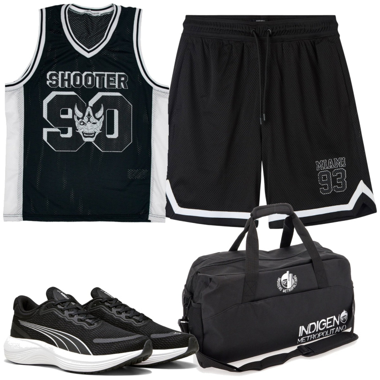 Outfit uomo - In palestra. Stile Casual per Sport. Abbinamento con bermuda, borse sportive, scarpe sportive, t-shirt.