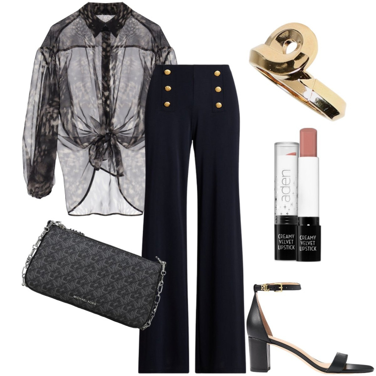 Outfit donna - La camicia stampata col nodo. Stile Chic per Serata fuori. Abbinamento con rossetti, camicie, sandali in pelle, pantaloni, borse a mano, anelli.