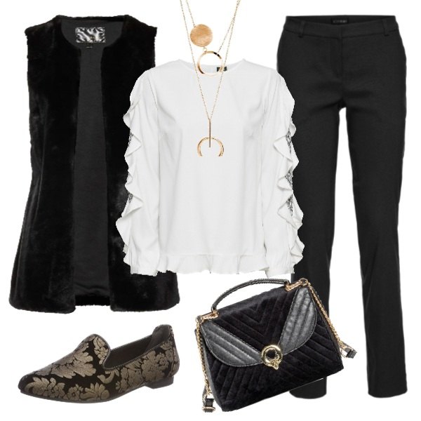 Outfit donna - Scusate il ritardo. Stile Bon Ton per Ufficio. Abbinamento con pantaloni, blusa, gilet, borsa a mano nero, collana oro, mocassini nero.