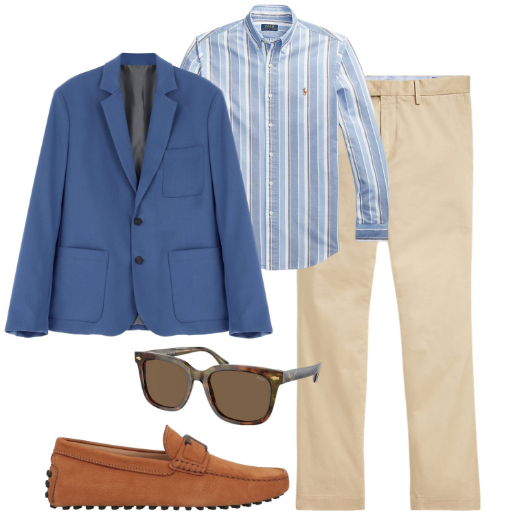 Outfit uomo - In ufficio. Stile Business/Elegante per Ufficio. Abbinamento con scarpe stringate, giacche, pantaloni chino, occhiali da sole, camicie.