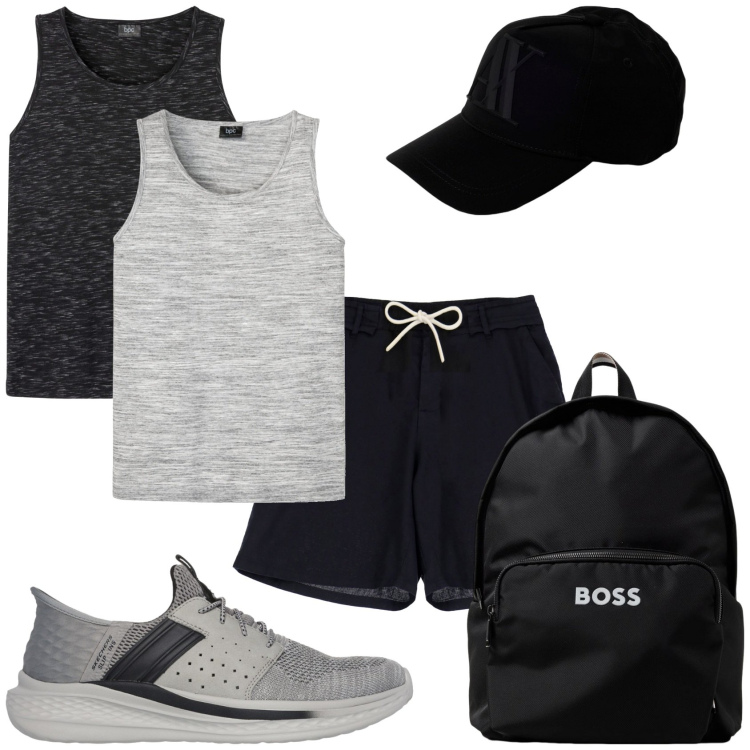 Outfit uomo - Boss in palestra. Stile Casual per Sport. Abbinamento con canottiere, bermuda, sneakers, cappelli, borse sportive.