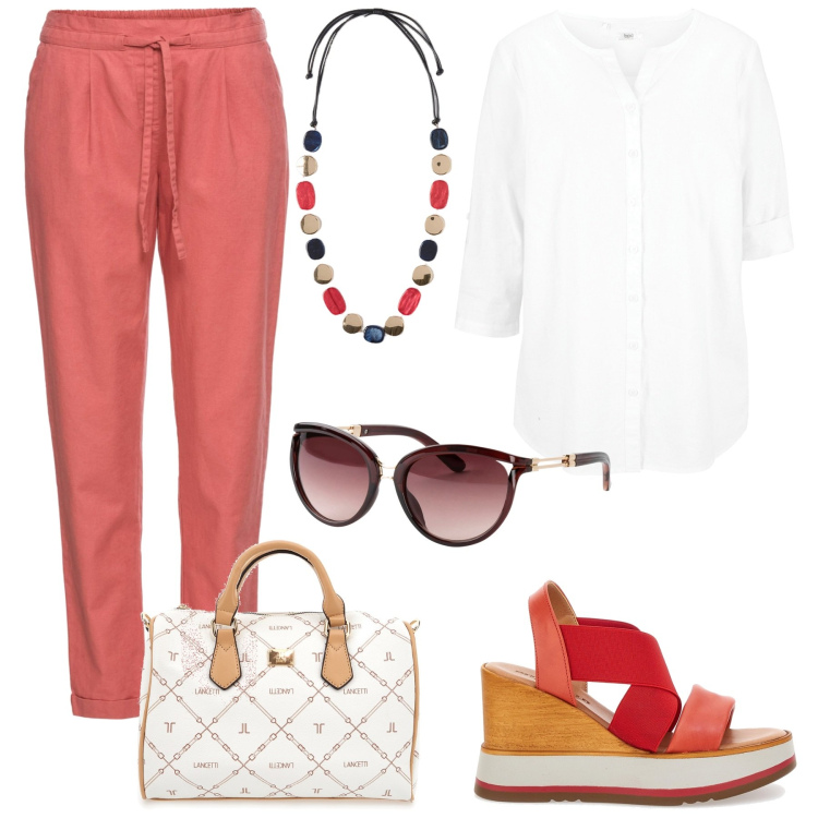 Outfit donna - Fresco lino curvy style. Stile Boho per Tutti i giorni. Abbinamento con pantaloni, camicie, occhiali da sole, sandali, collane, borse a mano.