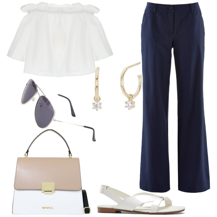 Outfit donna - Oggi al lavoro. Stile Casual per Ufficio. Abbinamento con pantaloni, sandali, orecchini, borse a spalla, bluse, occhiali da sole.