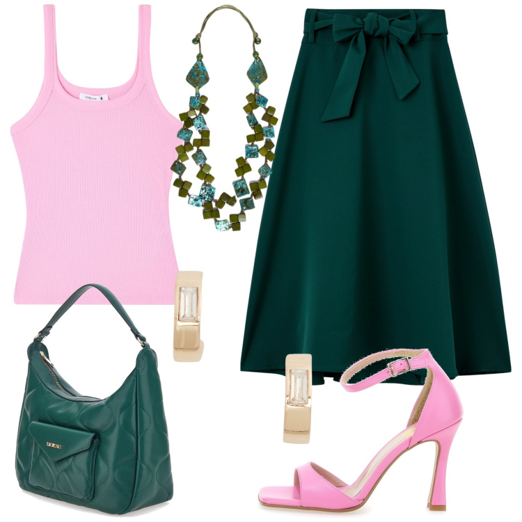 Outfit donna - Romantica in gelateria sul lungomare. Stile Romantica per Serata fuori. Abbinamento con gonne lunghe, canottiere, orecchini, sandali col tacco, borse a spalla, collane.