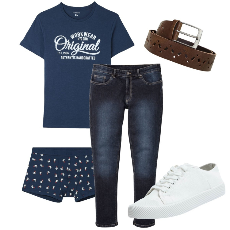 Outfit uomo - Con le sneakers bianche. Stile Urban per Tutti i giorni. Abbinamento con jeans slim fit, t-shirt, sneakers, boxer, cinture.