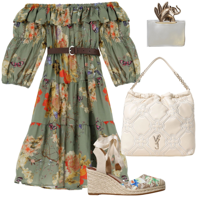 Outfit donna - Happy Summer. Stile Boho per Tutti i giorni. Abbinamento con profumi, vestiti corti, zeppe, borse a spalla.