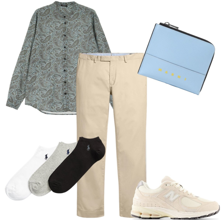 Outfit uomo - Il portafoglio azzurro. Stile Urban per Ufficio. Abbinamento con sneakers, camicie, calzini, pantaloni chino, portafogli.