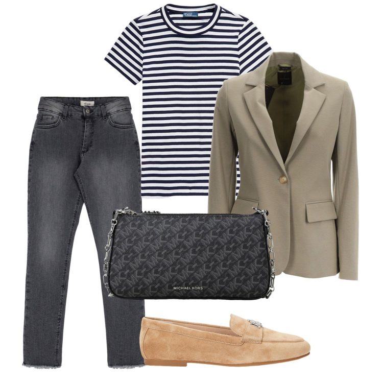 Outfit donna - Anticipazioni. Stile Mannish per Tutti i giorni. Abbinamento con jeans, t-shirt, mocassini, borse a mano, blazer.