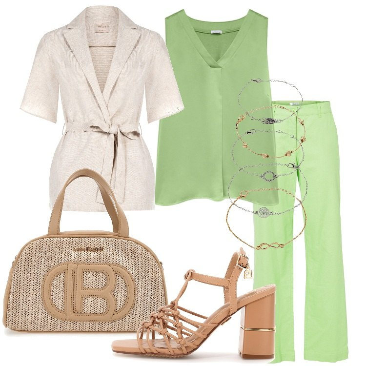 Outfit donna - Fresco lino in ufficio Curvy Style. Stile Boho per Ufficio. Abbinamento con pantaloni, braccialetti con ciondoli, blazer, sandali col tacco, top, borse a mano.