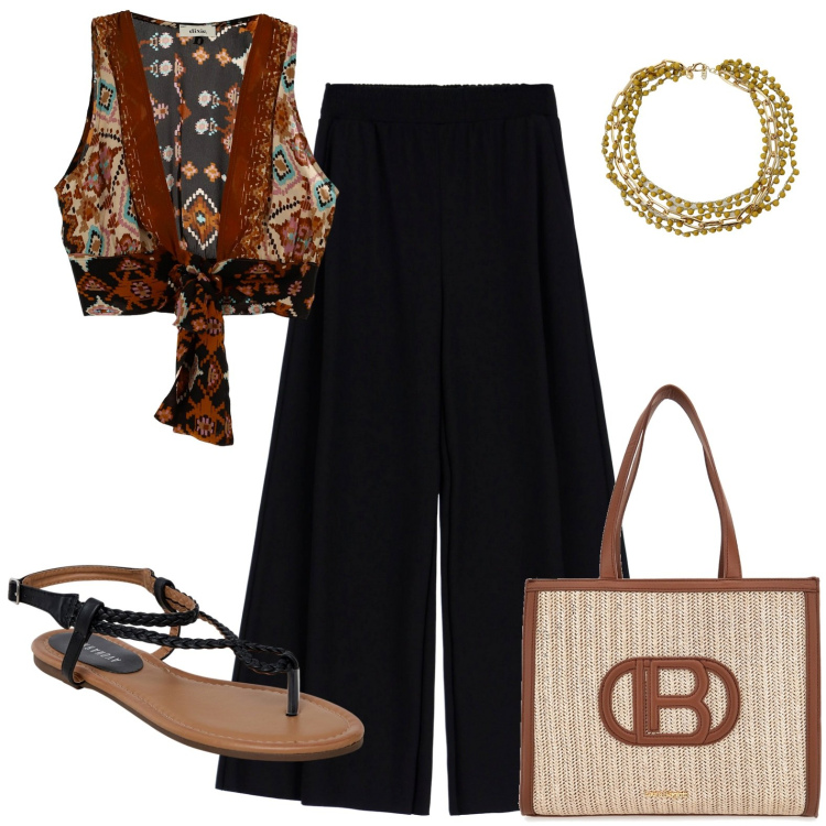 Outfit donna - Total look #112233. Stile Casual per Tutti i giorni. Abbinamento con ciabatte, pantaloni a palazzo, top, collane, borse a spalla.
