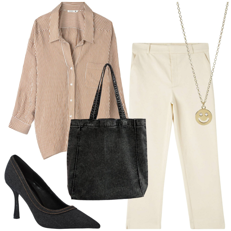 Outfit donna - Ufficio, ci risiamo. Stile Minimal per Ufficio. Abbinamento con camicie, pantaloni chino, décolleté, shopping bag, collane.