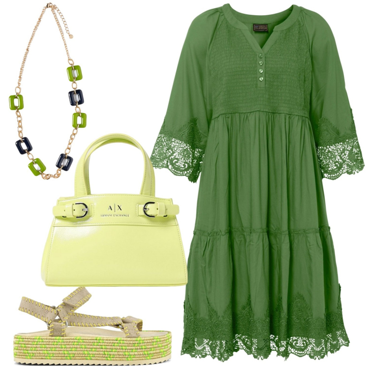 Outfit donna - Total look #1940806. Stile Boho per Tutti i giorni. Abbinamento con vestiti chemisier, sandali, borse a spalla, ciondoli.