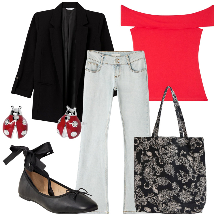 Outfit donna - Ritorno alla normalità. Stile Casual chic per Scuola/Università. Abbinamento con blazer, ballerine, jeans a zampa, top, shopping bag, orecchini.