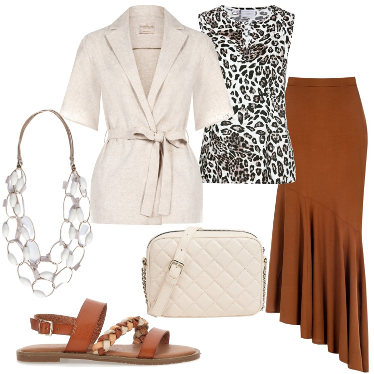 Outfit donna - Total look #1940819. Stile Boho per Tutti i giorni. Abbinamento con top, borse a tracolla, gonne, blazer, collane, sandali.