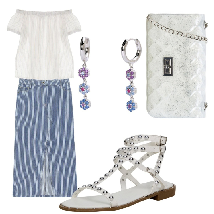 Outfit donna - Total look. Stile Boho per Tutti i giorni. Abbinamento con borse a tracolla, sandali, orecchini, gonne longuette, bluse.