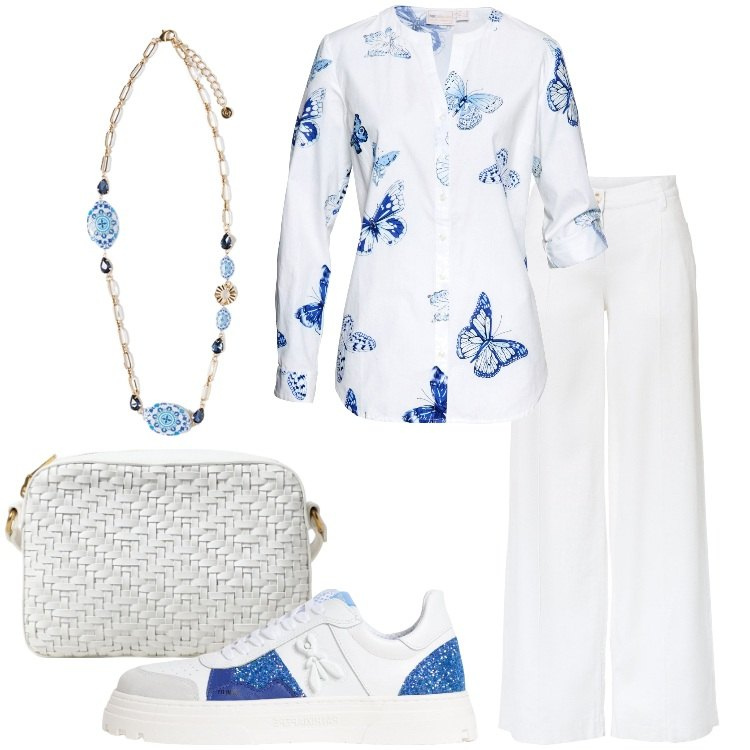 Outfit donna - Tessuti leggeri come farfalle. Stile Boho per Tutti i giorni. Abbinamento con pantaloni a palazzo, camicie, sneakers, ciondoli, borse a tracolla.