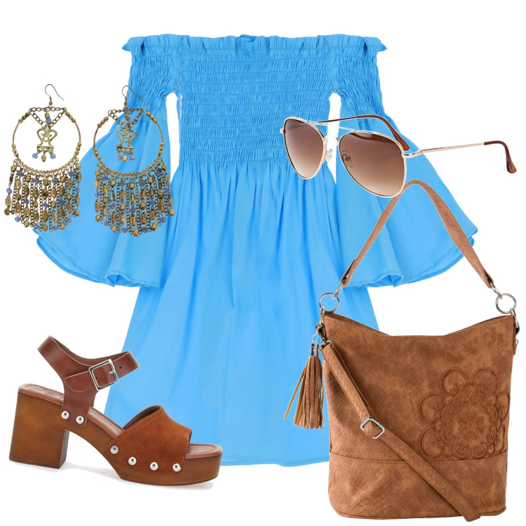 Outfit donna - Boho chic. Stile Boho per Tutti i giorni. look ideale per Petite. Abbinamento con borse a mano, occhiali da sole, vestiti corti, orecchini, sandali in pelle.