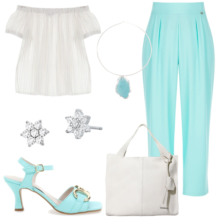 Outfit donna - Cerimonia ad agosto. Stile Glamour per Cerimonia. Abbinamento con orecchini, pantaloni a palazzo, borse a spalla, bluse, ciondoli, sandali col tacco.