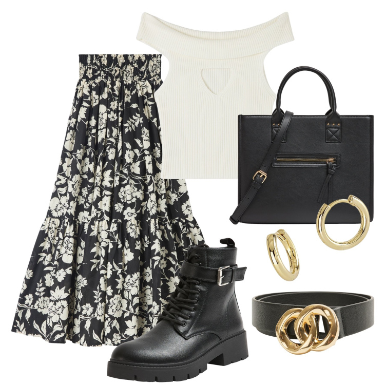 Outfit donna - Rientro a City Life ed è subito anfibi !. Stile Trendy per Tutti i giorni. Abbinamento con gonne lunghe, top, anfibi, shopping bag, cinture, orecchini.