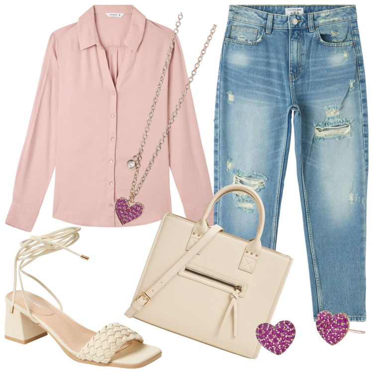 Outfit donna - Rientro a lavoro in jeans e colori tenui. Stile Casual chic per Ufficio. Abbinamento con jeans mom, camicie, shopping bag, sandali alla schiava, orecchini, collane.