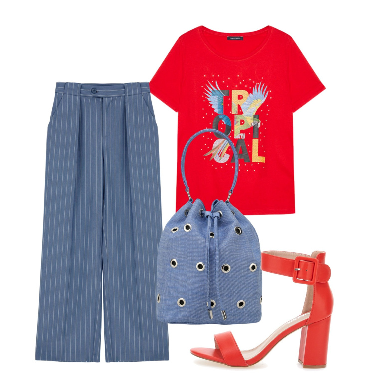 Outfit donna - Un azzardo. Stile Urban per Tutti i giorni. Abbinamento con pantaloni, borse a secchiello, sandali col tacco, t-shirt.