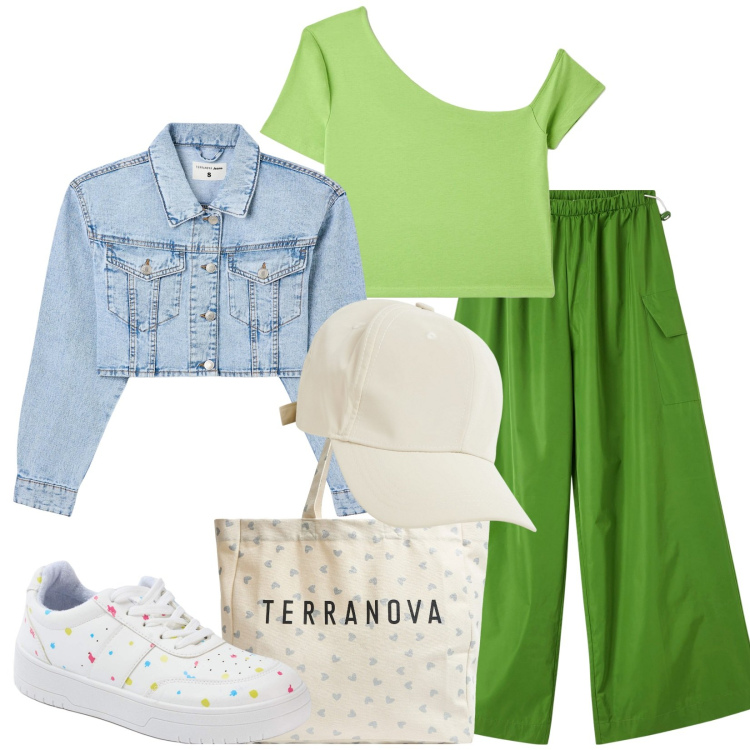 Outfit donna - Total look #1940871. Stile Casual per Tutti i giorni. Abbinamento con blazer, sneakers, pantaloni cargo, t-shirt, shopping bag, cappelli.
