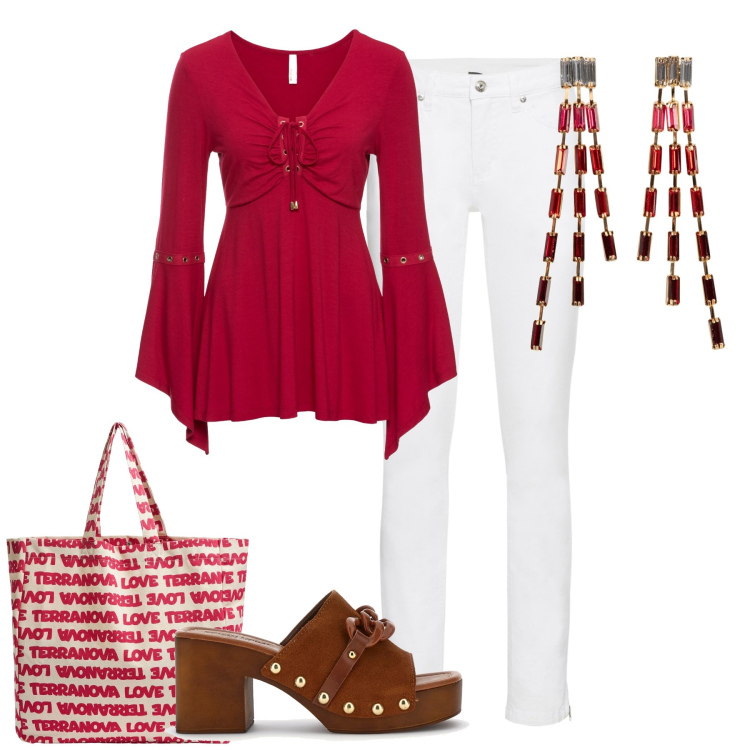Outfit donna - Serata. Stile Boho per Serata fuori. Abbinamento con orecchini, maglieria, jeans skinny, borse tote, zoccoli.