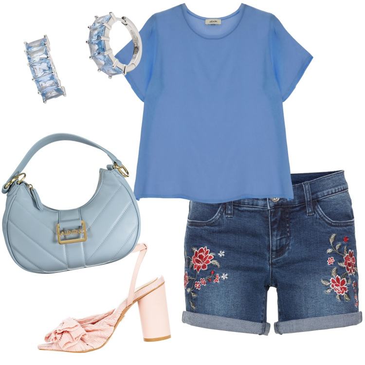 Outfit donna - Shorts a fiori accessori pastello. Stile Casual chic per Tutti i giorni. Abbinamento con shorts, orecchini, sandali col tacco, bluse, borse a spalla.