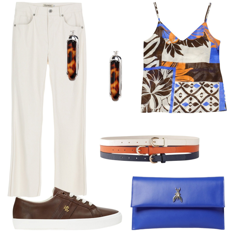 Outfit donna - In città. Stile Casual per Tutti i giorni. Abbinamento con cinture, pantaloni, canottiere, orecchini, sneakers, clutch.