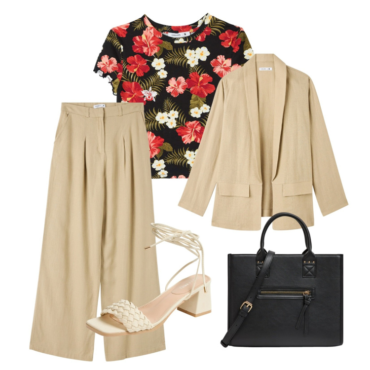 Outfit donna - Ritorno al lavoro!. Stile Casual per Ufficio. Abbinamento con shopping bag, blazer, pantaloni, t-shirt, sandali alla schiava.