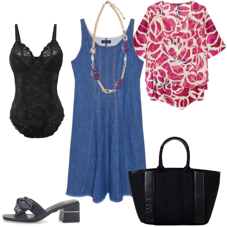 Outfit donna - Curvy, oggi shopping. Stile Boho per Tutti i giorni. Abbinamento con body, bluse, vestiti lunghi, borse a spalla, ciabatte, ciondoli.