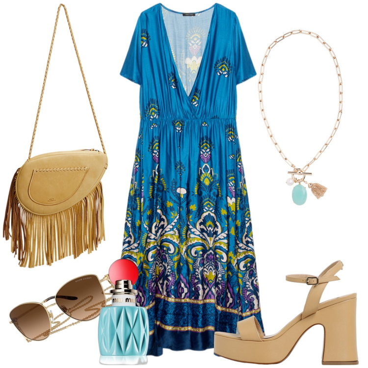 Outfit donna - Total look #1940910. Stile Boho per Tutti i giorni. look ideale per Tall. Abbinamento con profumi, collane, occhiali da sole, borse a tracolla, sandali col tacco, vestiti lunghi.