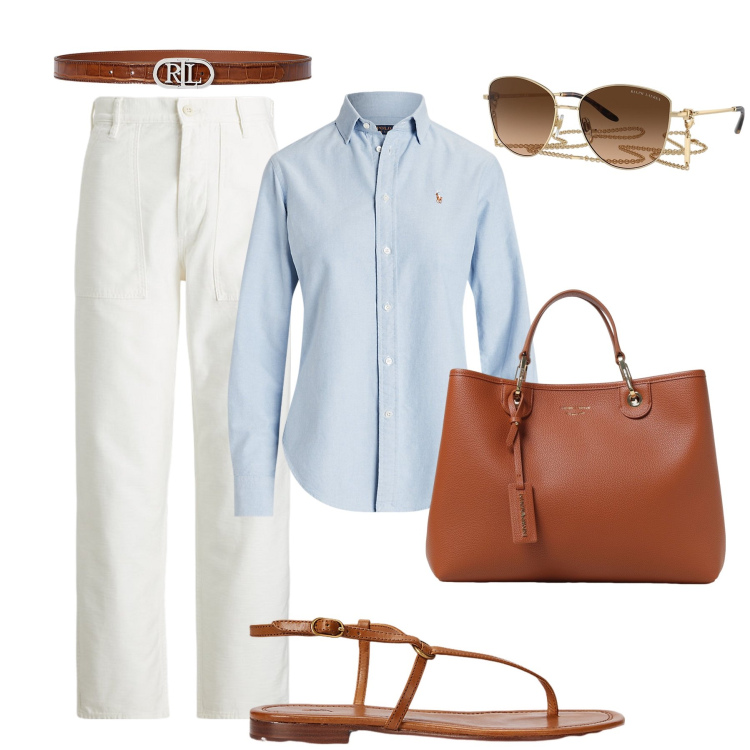 Outfit donna - Back to office. Stile Casual chic per Ufficio. Abbinamento con camicie, pantaloni, occhiali da sole, sandali in pelle, cinture, borse a mano.