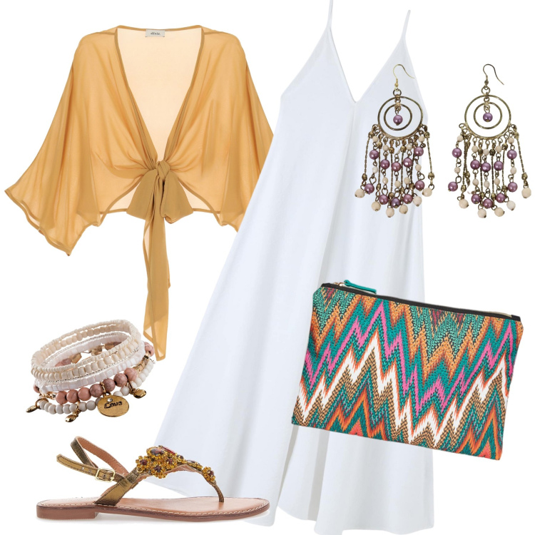 Outfit donna - Pochette fantasia per le sere d’estate. Stile Boho per Serata fuori. Abbinamento con braccialetti, vestiti lunghi, cardigans, orecchini, pochette, sandali gioiello.