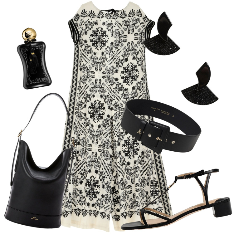 Outfit donna - Total look #1940929. Stile Casual chic per Serata fuori. Abbinamento con profumi, tute, borse a secchiello, sandali col tacco, cinture, orecchini.