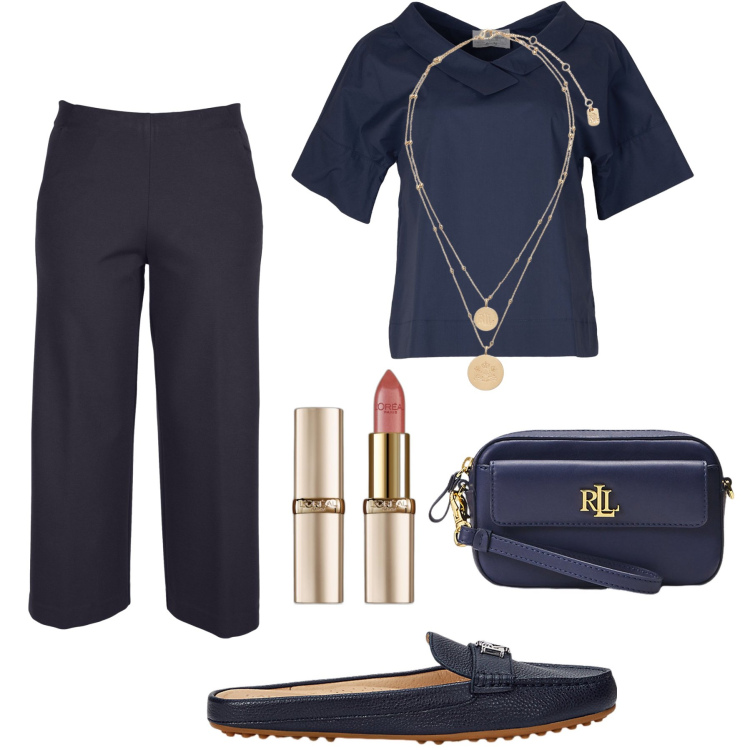 Outfit donna - Serata in blu. Stile Glamour per Serata fuori. Abbinamento con rossetti, ciondoli, pochette, sabot, bluse, pantaloni.