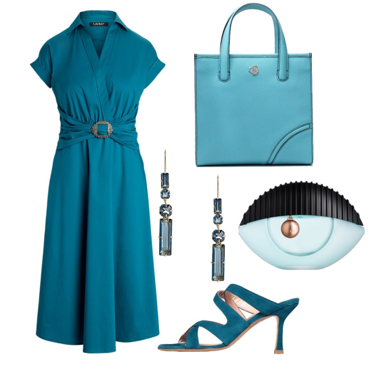 Outfit donna - Verde ottanio. Stile Bon Ton per Tutti i giorni. Abbinamento con profumi, vestiti, orecchini, sandali col tacco, shopping bag.