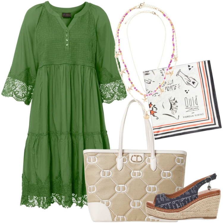 Outfit donna - Focus donna curvy. Stile Boho per Tutti i giorni. Abbinamento con vestiti chemisier, ciondoli, espadrillas, borse tote, foulard.