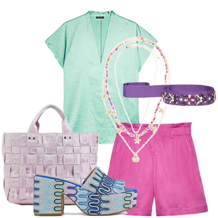 Outfit donna - Outfit vacanza. Stile Boho per Tutti i giorni. Abbinamento con ciondoli, sabot, pantaloni corti, borse a spalla, bluse, cinture.