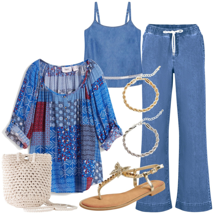 Outfit donna - Total look #1940953. Stile Boho per Tutti i giorni. Abbinamento con jeans, tuniche, braccialetti, borse a tracolla, sandali gioiello, top.