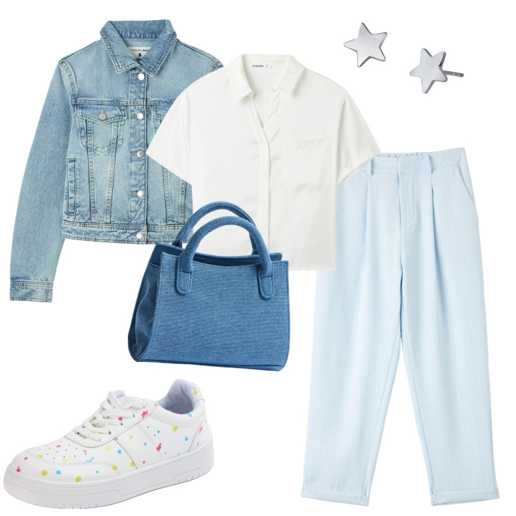 Outfit donna - Total look #1940958. Stile Casual chic per Tutti i giorni. Abbinamento con orecchini, camicie a manica corta, sneakers, borse a tracolla, blazer, pantaloni chino.