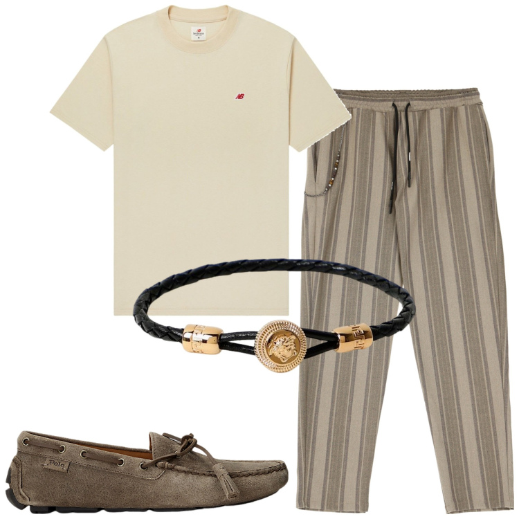 Outfit uomo - Righe per l\' estate. Stile Trendy per Serata speciale. Abbinamento con t-shirt, pantaloni, scarpe stringate, braccialetti.