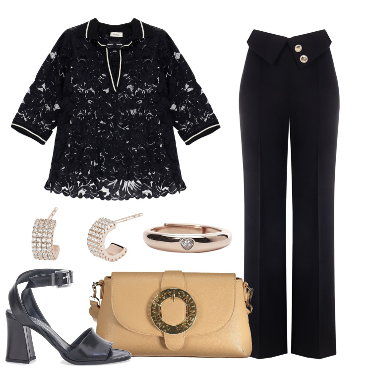 Outfit donna - Dal giorno alla sera. Stile Chic per Tutti i giorni. Abbinamento con bluse, orecchini, anelli, pantaloni a palazzo, sandali in pelle, borse a spalla.