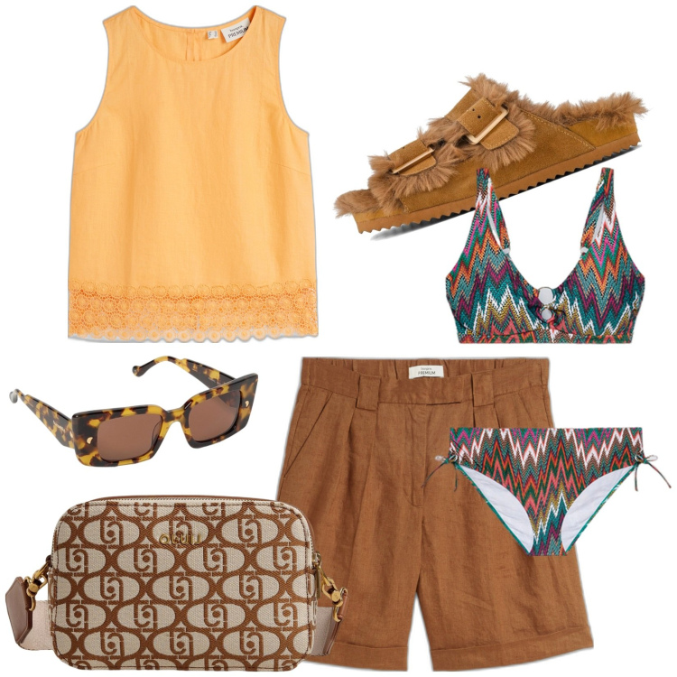 Outfit donna - Total look #1940974. Stile Boho per Mare. Abbinamento con bermuda, top, bikini, ciabatte, borse a tracolla, occhiali da sole.