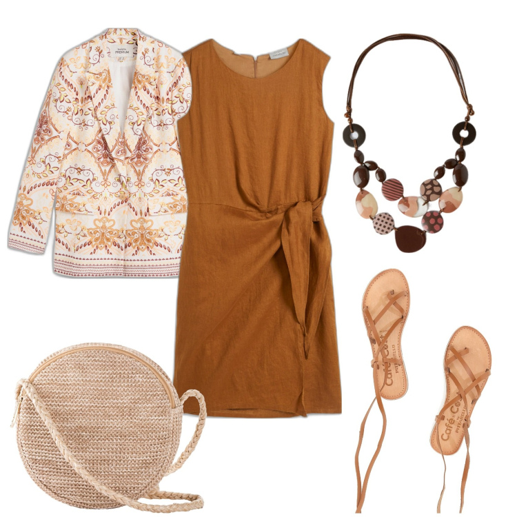 Outfit donna - Apericena. Stile Boho Abbinamento con borse a tracolla, vestiti, blazer, collane, sandali alla schiava.