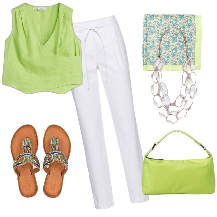 Outfit donna - Verde. Stile Boho Abbinamento con pantaloni, top, ciabatte, collane, borse a spalla, foulard.